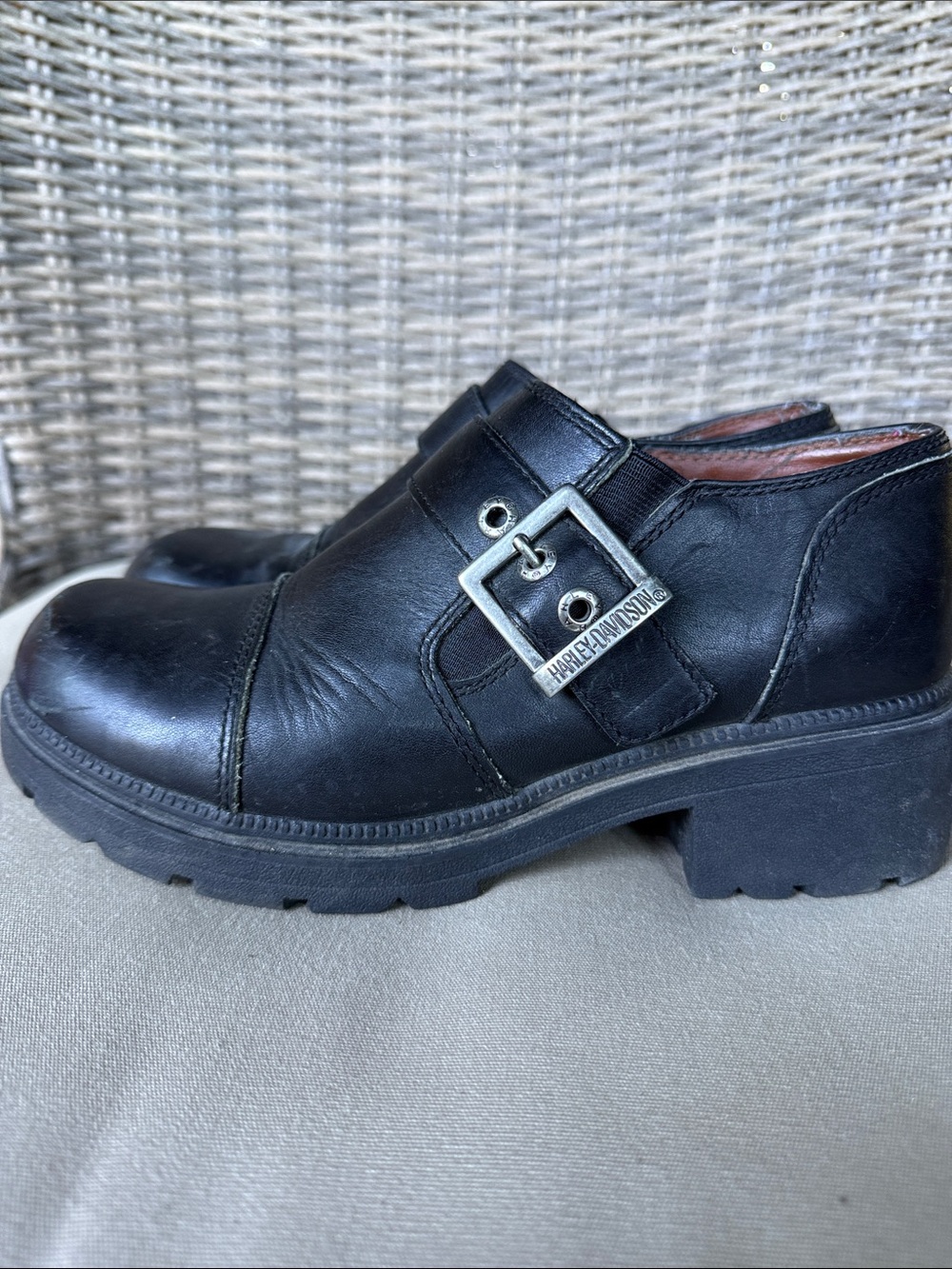 Harley-Davidson Women’s Classic Black Leather w/ Buckle Chunky Heel Loafer